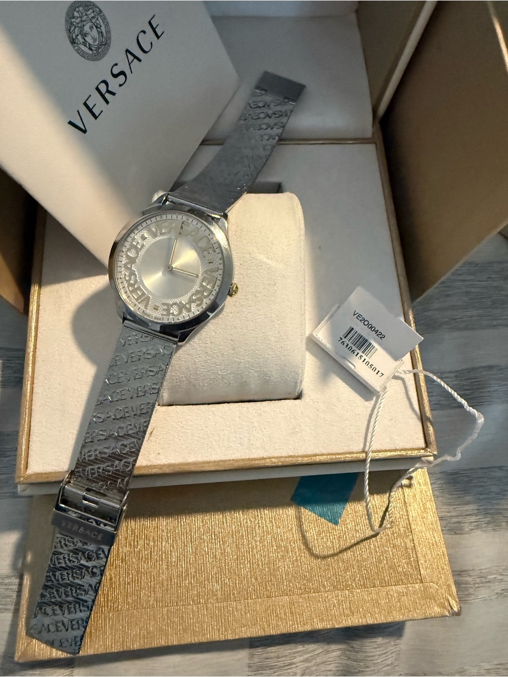 Versace Silver-Tone Logo Bracelet Watch with Gold Crown